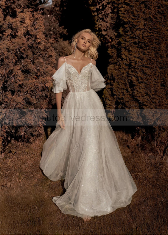 Ivory Embroidery Lace Glitter Tulle Shiny Wedding Dress